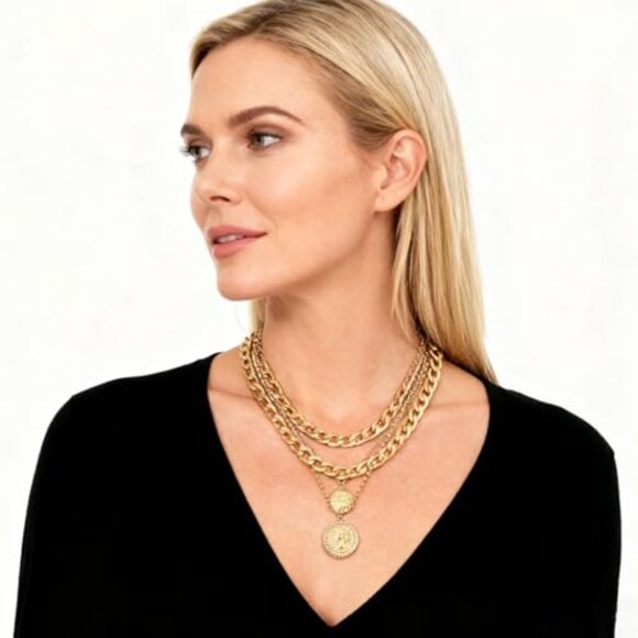 Layered Retro Coin Pendant Choker Necklace Adjustable Chain Zinc Alloy - Picture 4 of 7